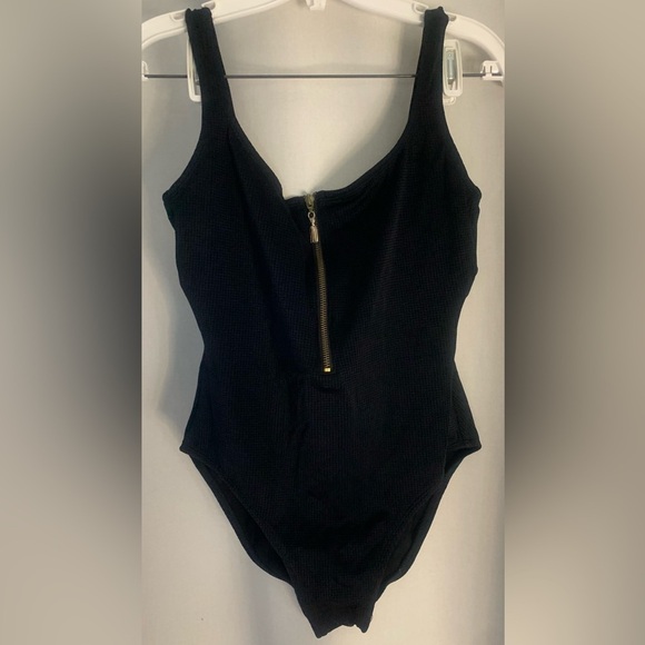Pacific Connections Other - Pacific Connections Plus Size Black One Piece Swim Suit, Gold Zip Front; Size 16